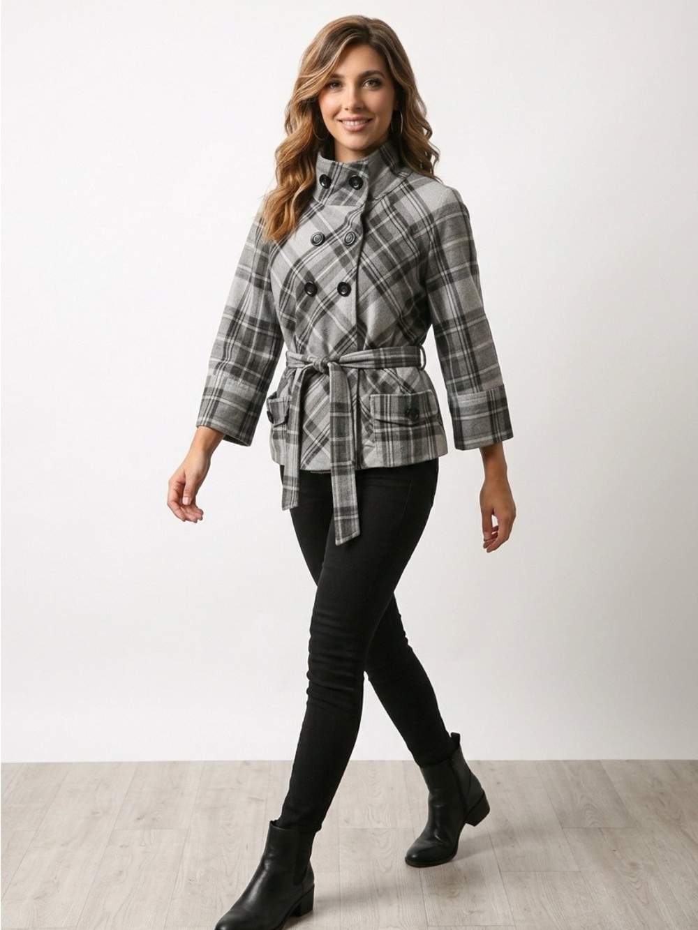 Apt. 9 Plaid Double-Breasted Belted Jacket